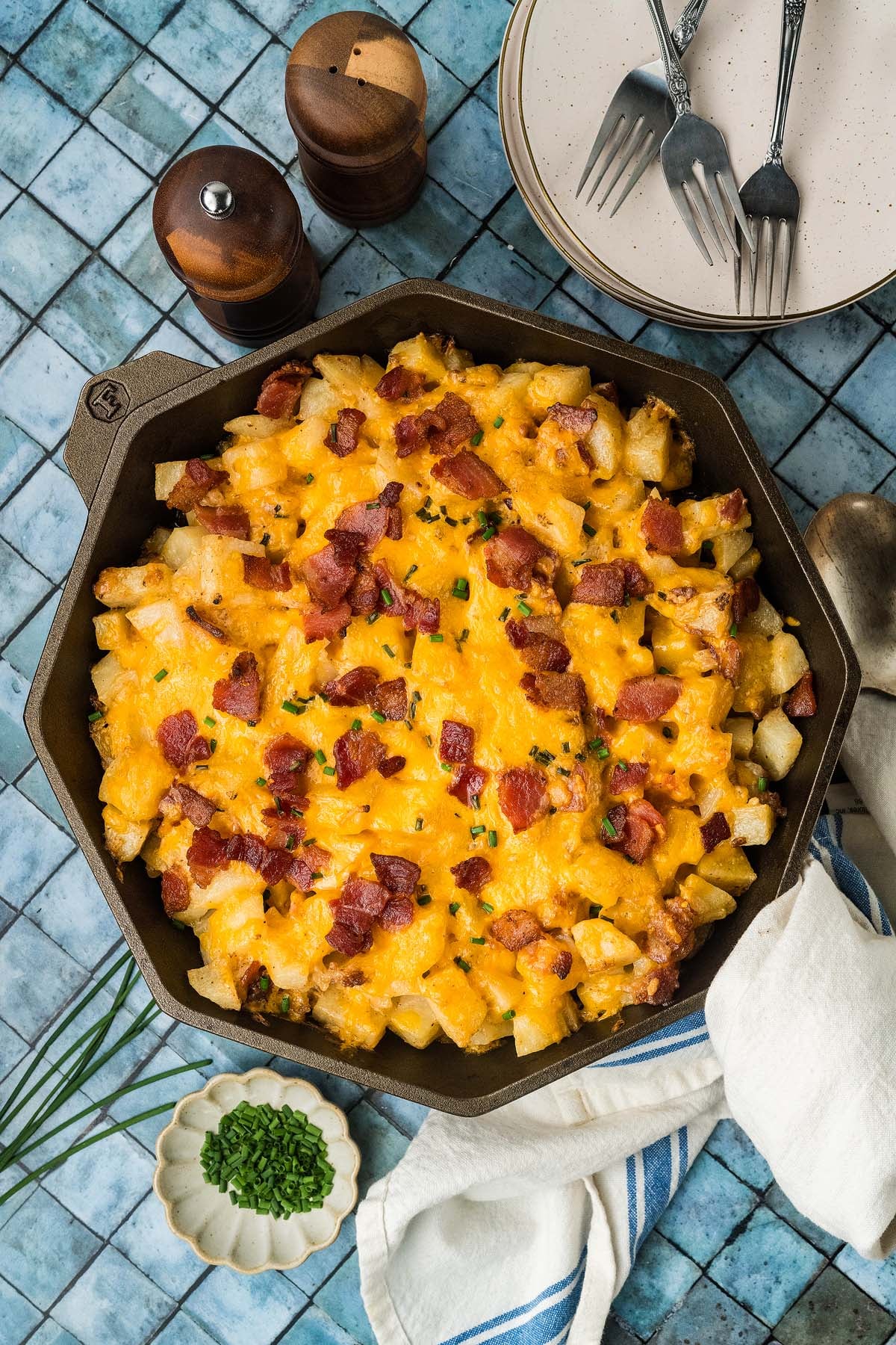 Cast iron skillet filled with Mississippi Mud potatoes.