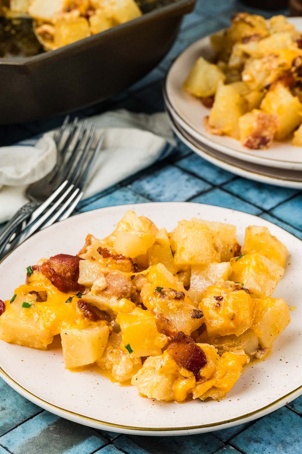 A plate of cheesy potatoes with bacon bits.