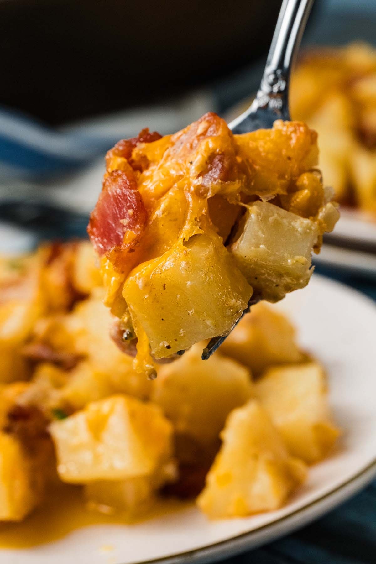 A fork lifting a bite of cheesy potato and bacon casserole from a plate.