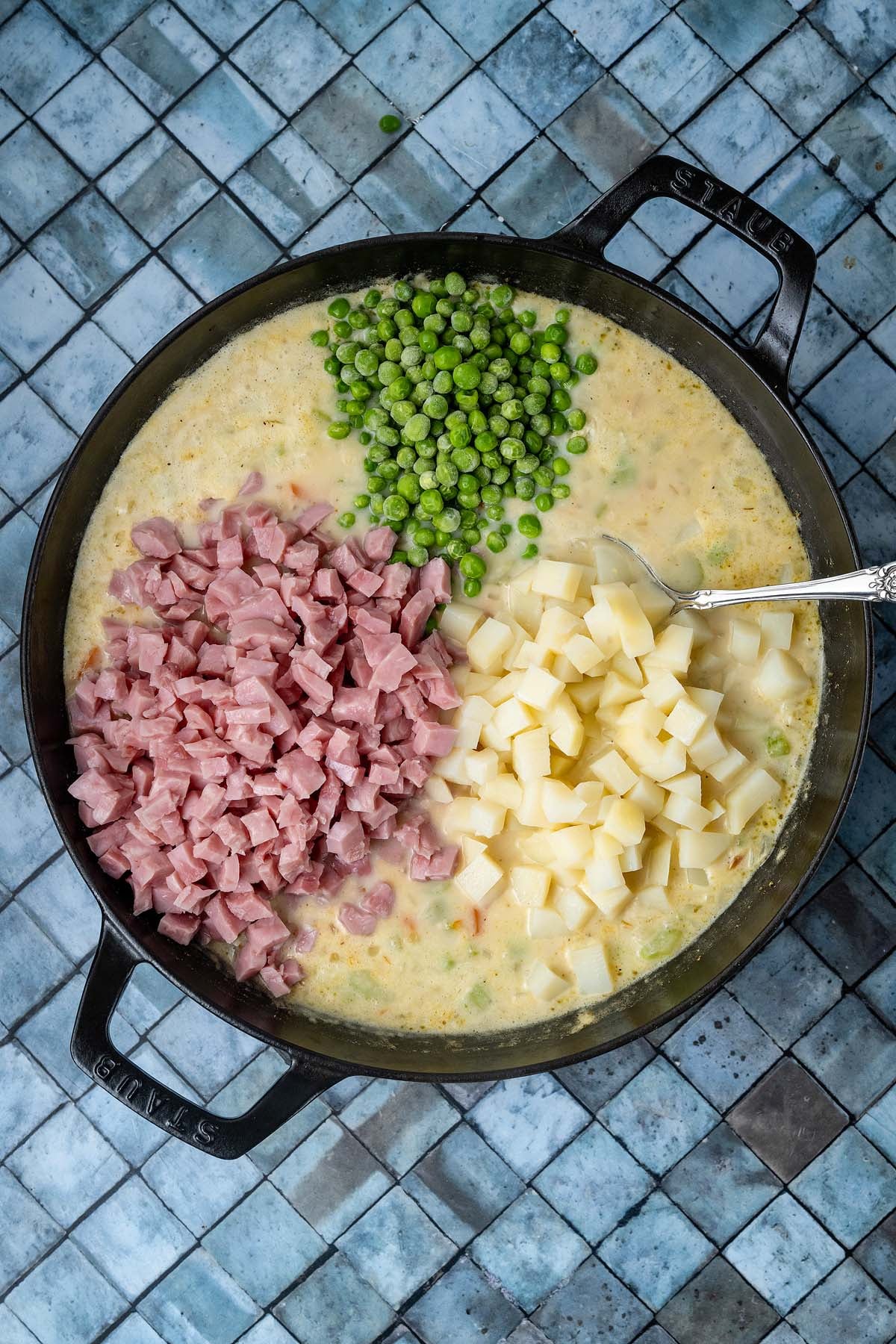 A cast iron skillet containing a creamy base topped with piles of diced ham, potatoes, and green peas.
