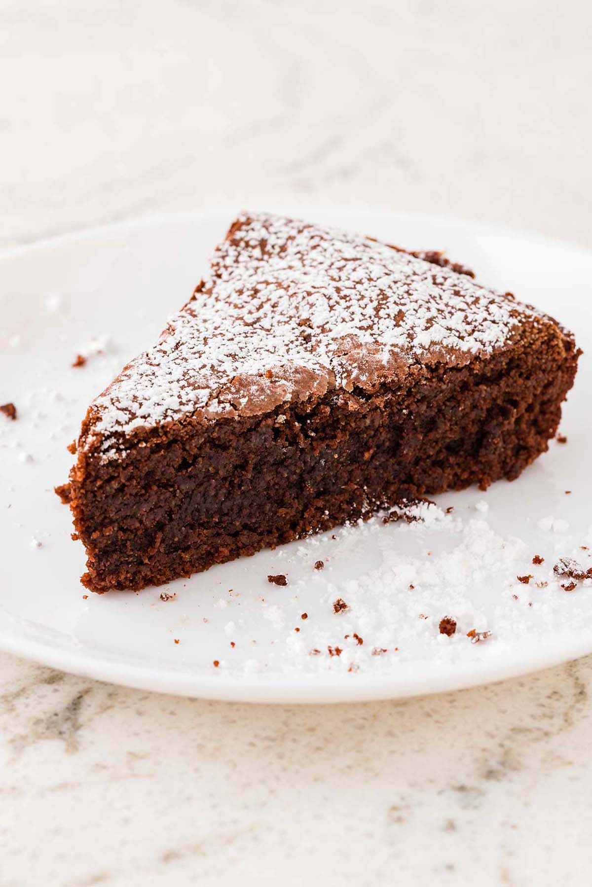 A slice of chocolate cake dusted with powdered sugar on a white plate.