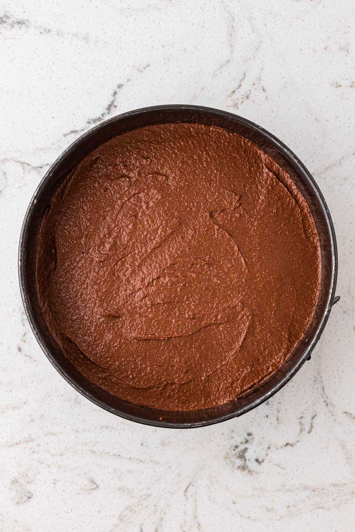 Chocolate cake batter spread in a round springform pan.