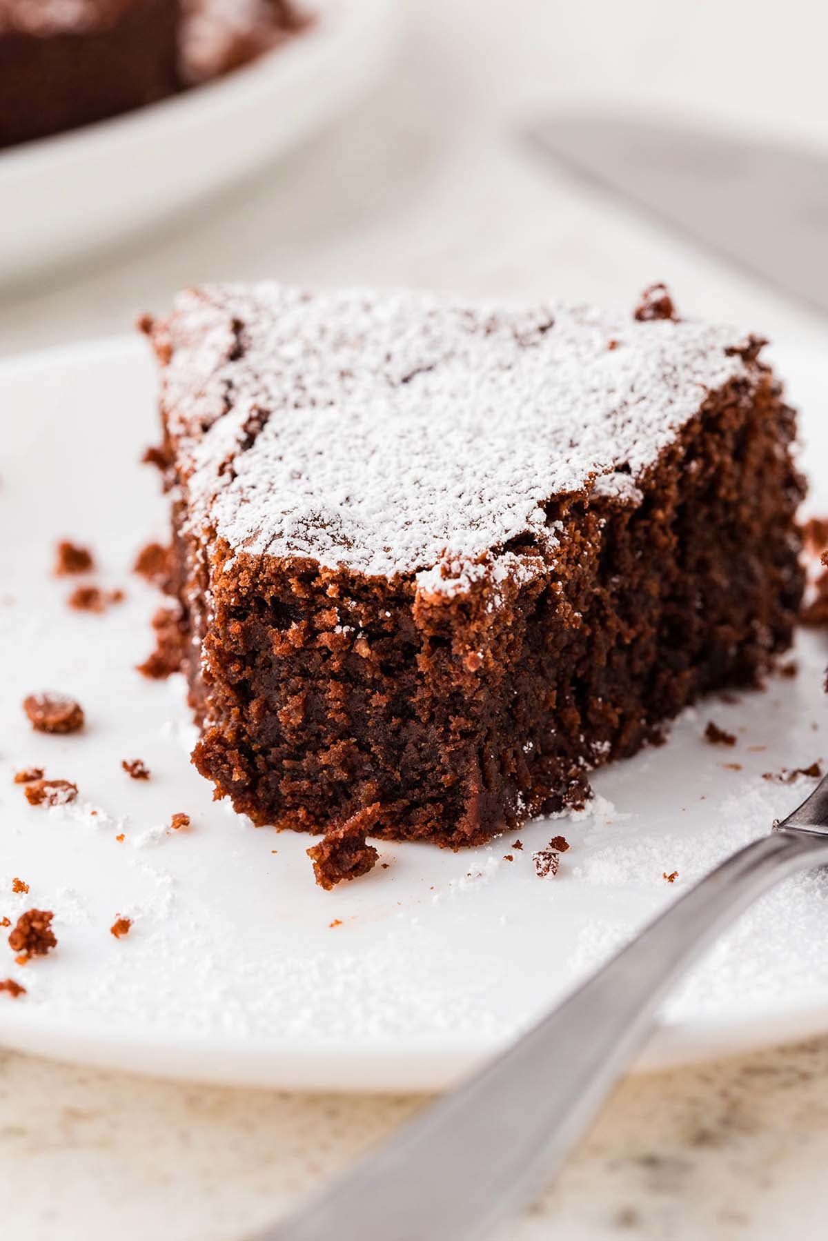 A slice of chocolate flourless Italian cake dusted with powdered sugar on a white plate.